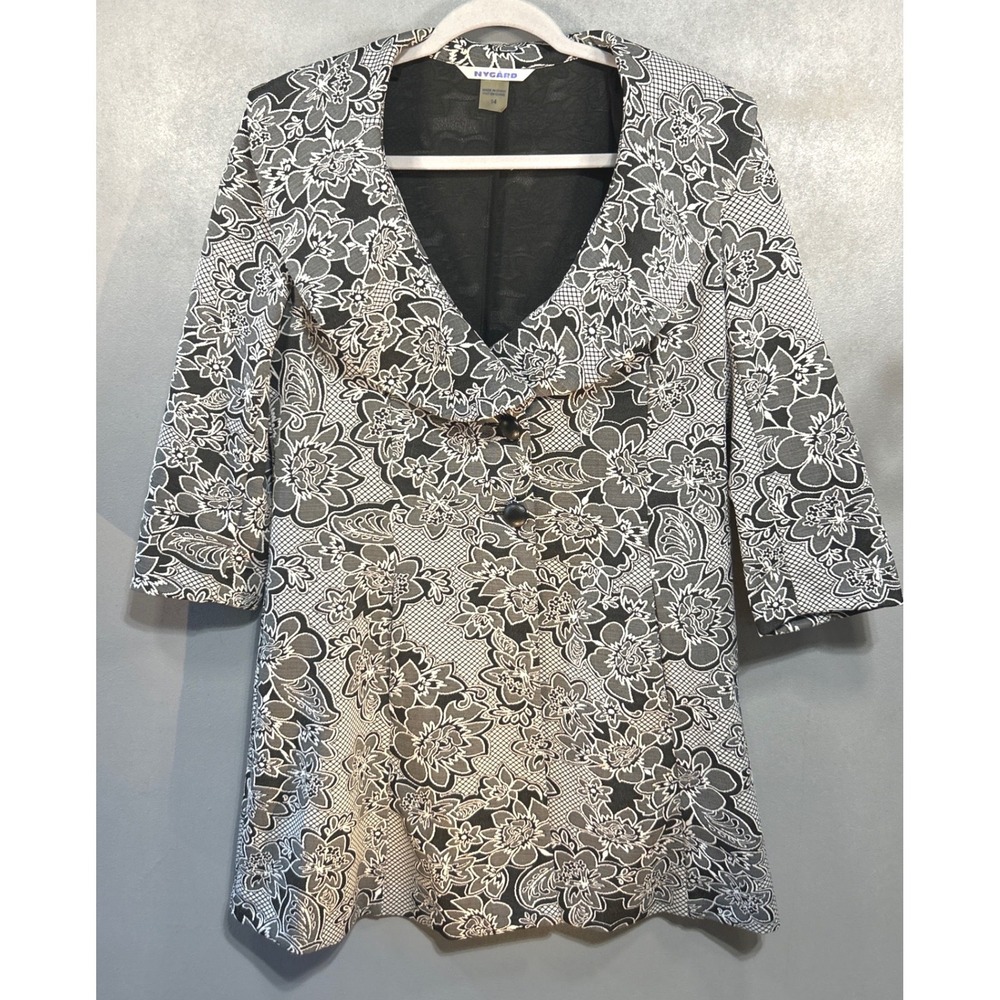 Nygard Womens Black White Floral Jacquard Portrait Collar Blazer Jacket Size 14